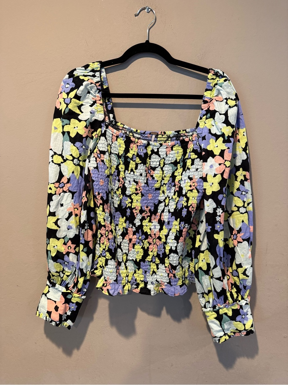 Free People Black Floral Smocked Square-Neck Top